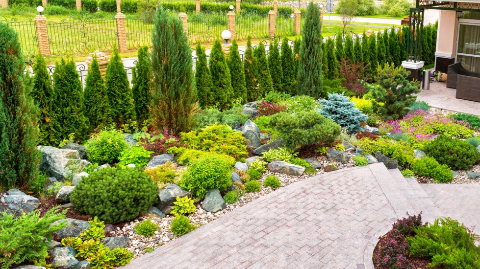 Diverse garden in front of a paver patio